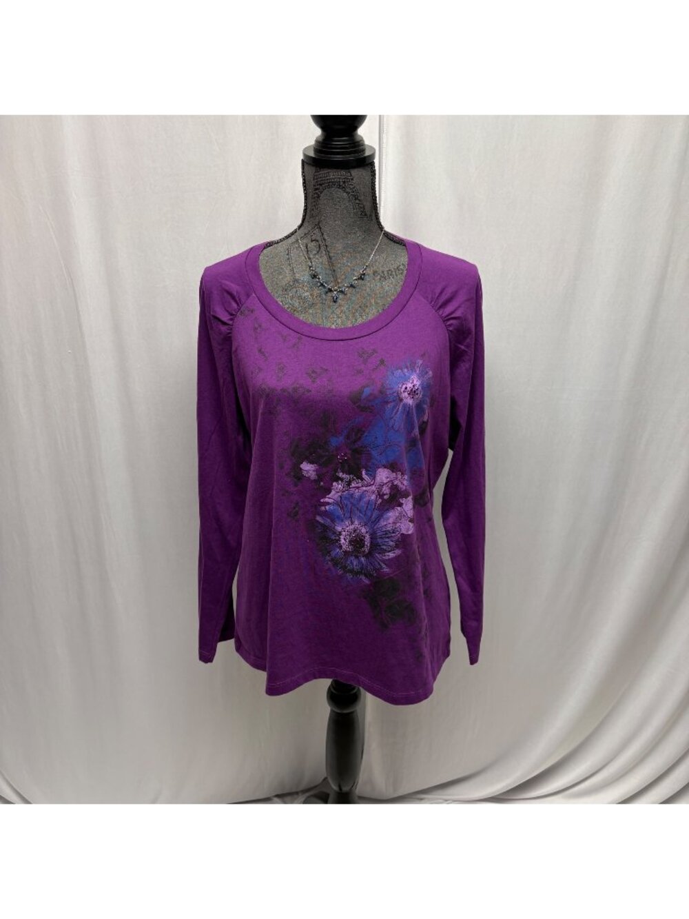 Faded Glory Purple Long Sleeve Floral Top Womens Size Large 12-14 Comfy Casual